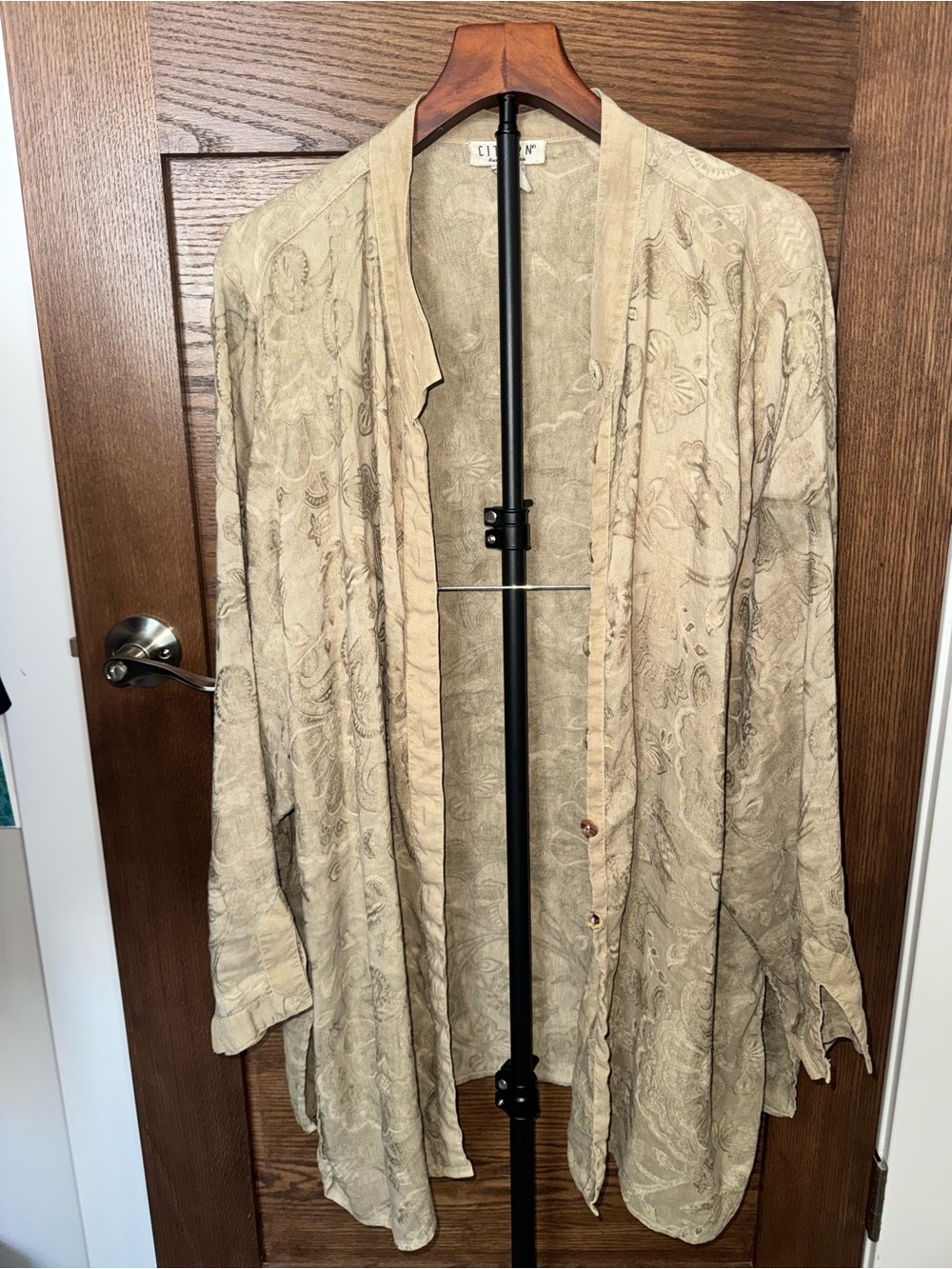 Citron Santa Monica Silk Linen Overshirt | Vintage Neutral Paisley Button Up 3X
